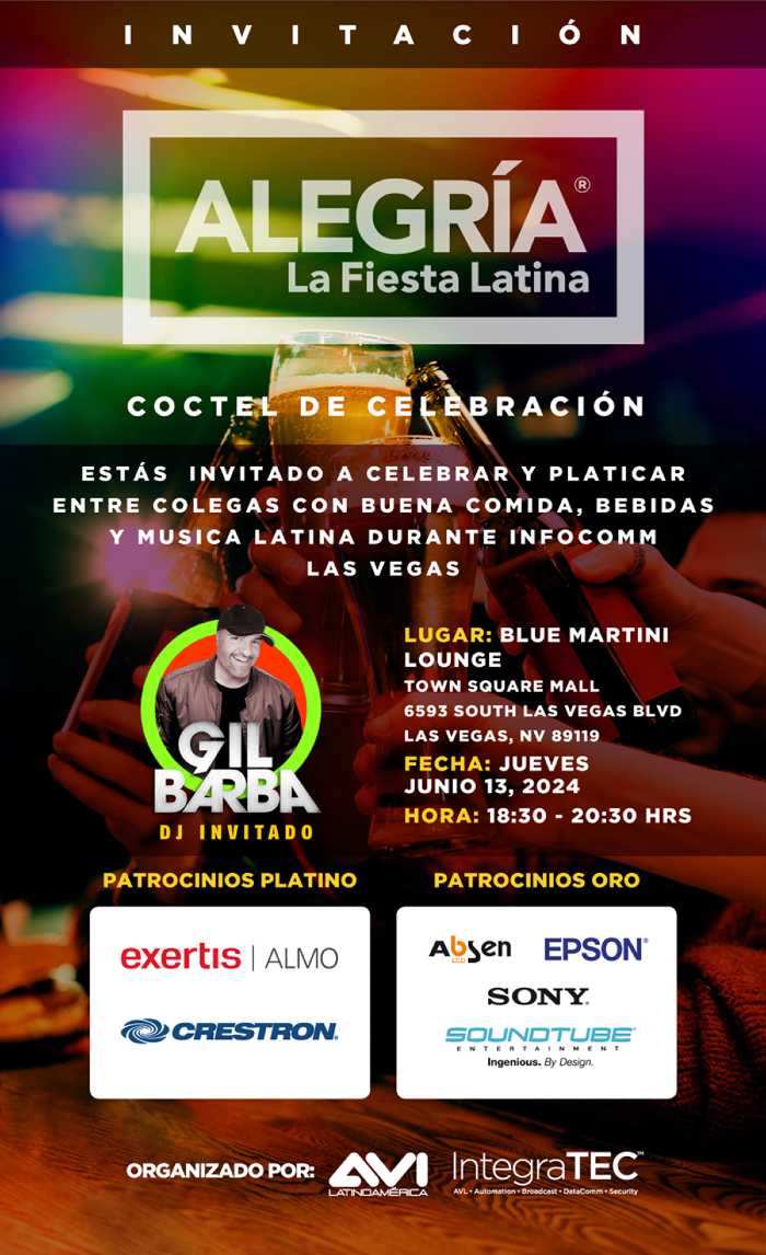 Este año, la Fiesta Alegría, el punto de encuentro para los latinos de la industria que asisten a InfoComm en Las Vegas, fiesta que es organizada por AVI Latinoamérica y las ferias IntegraTec, se realizará el jueves 13 de junio.